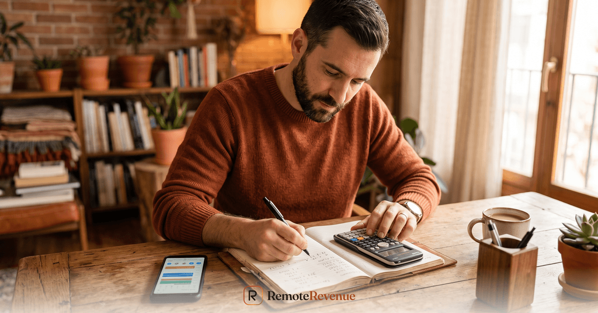 Dueño de negocio calculando números en una libreta junto a su celular