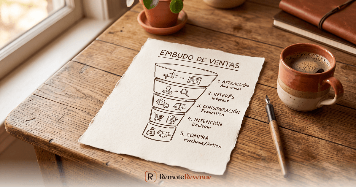 Diagrama simple dibujado a mano mostrando las etapas de un embudo de ventas