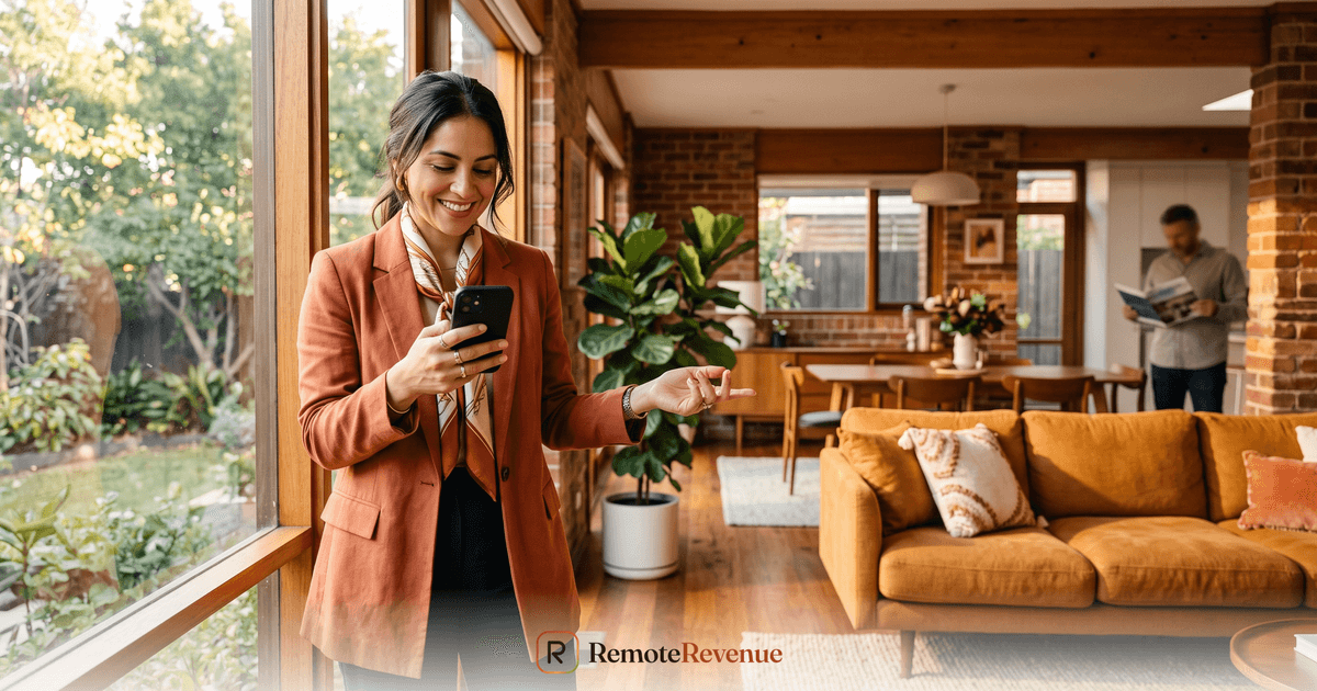 Agente inmobiliario mostrando una propiedad mientras revisa mensajes en su celular