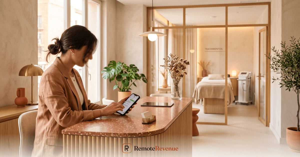 Recepción de un medspa atendiendo consultas de clientas por WhatsApp