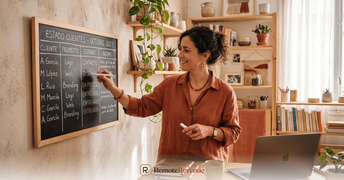 Dueña de negocio revisando un tablero simple con el estado de sus clientes