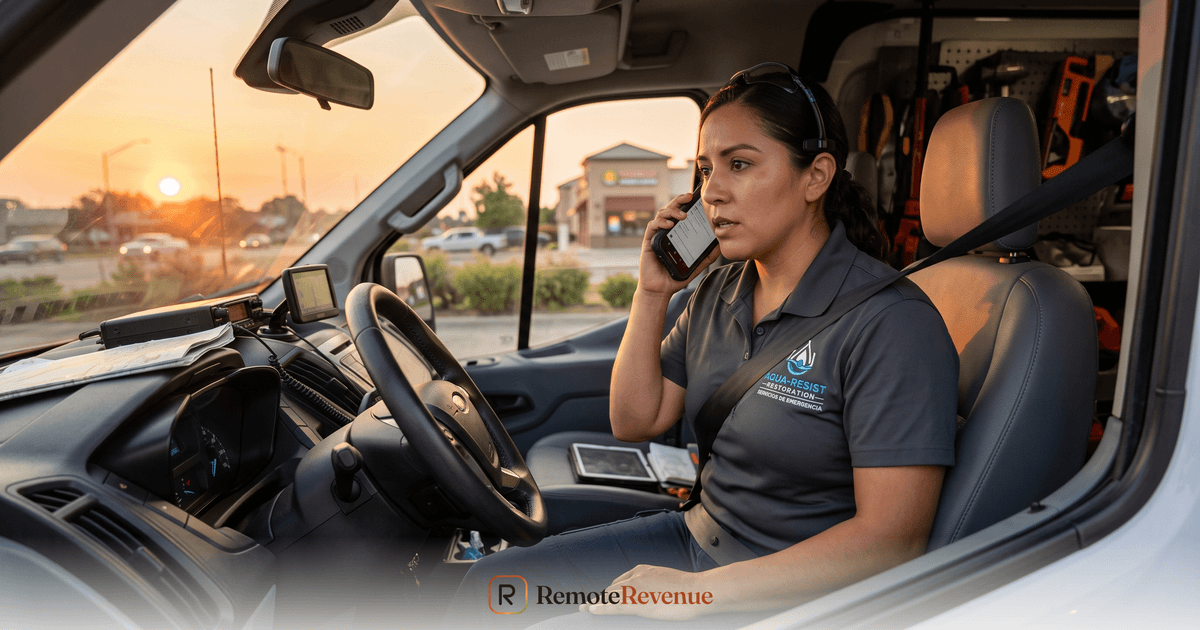 Técnico de restauración de daños respondiendo una llamada de emergencia desde su camioneta