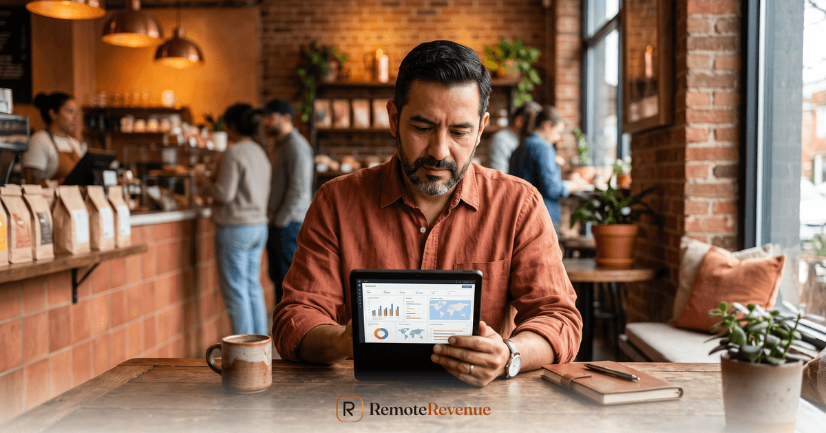 Dueño de negocio revisando su flujo de clientes en una tablet