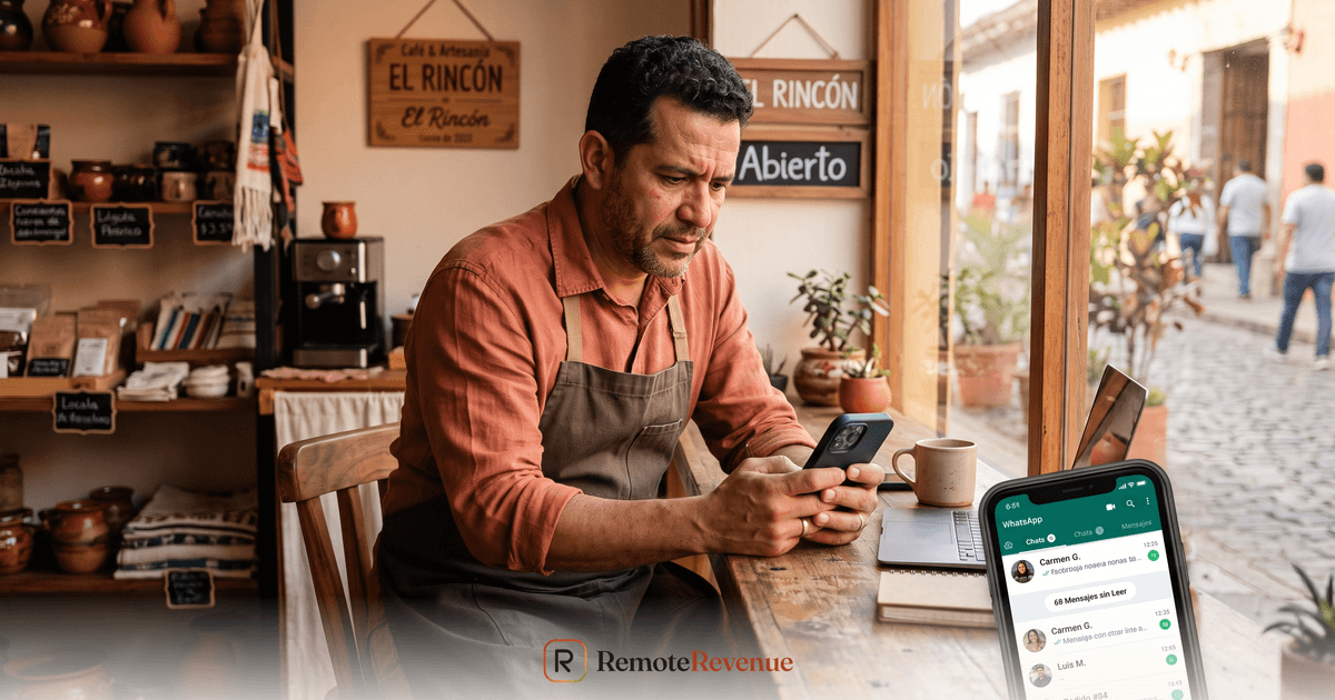 Dueño de negocio revisando mensajes de clientes sin responder